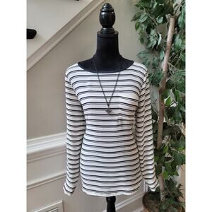 Loft Blouse Women's Size M White Black Striped Long Sleeve Button Cuff Top